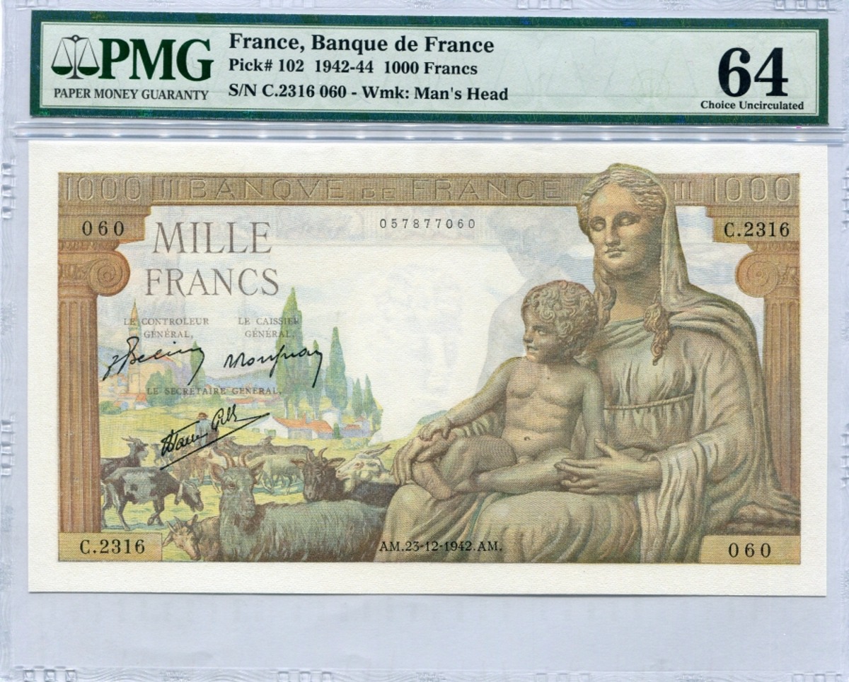 프랑스 1942년 1000프랑 대형 지폐 PMG 64등급