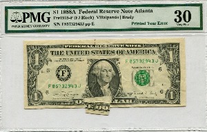 미국 1988년 1달러 에러 지폐 - Printed Tear (Gutter Fold) Error PMG 30등급