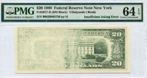 미국 1990년 20달러 에러 지폐 - Insufficient Inking Error PMG 64등급